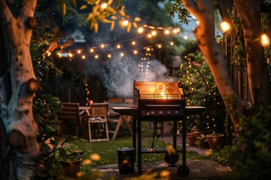 An inviting backyard scene at dusk with a lit barbecue grill, surrounded by lush greenery and twinkling string lights