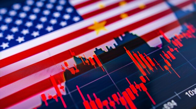 Decreasing stock bar graph with USA and China flags It symbolizes the crisis, trade wars, tariffs between countries, economies.