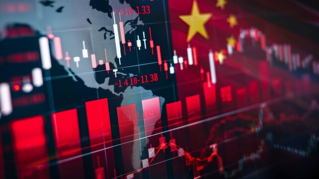 Decreasing stock bar graph with USA and China flags It symbolizes the crisis, trade wars, tariffs between countries, economies.