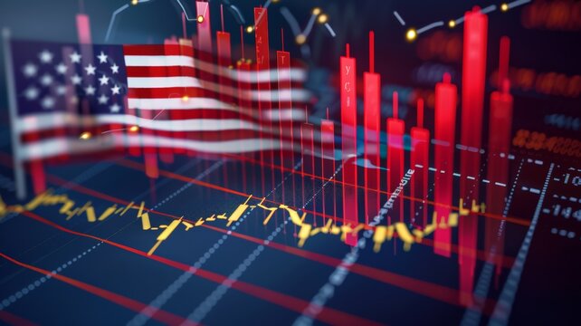 Decreasing stock bar graph with USA and China flags It symbolizes the crisis, trade wars, tariffs between countries, economies.