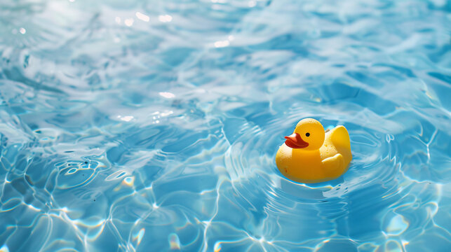 Yellow rubber duck in blue swimming pool