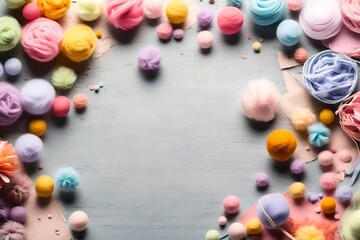 Graphic banner of colorful pastel felt craft pom poms, with copyspace - obrazy, fototapety, plakaty
