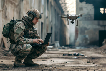 Fototapeta premium Urban Reconnaissance: Soldier Launching Drone