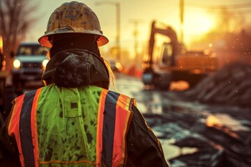 Back view of a construction worker wearing a high-visibility vest with a reflective helmet in front of a sunset backdrop at a construction site