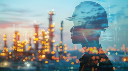 Engineer with safety helmet with oil refinery factory background.