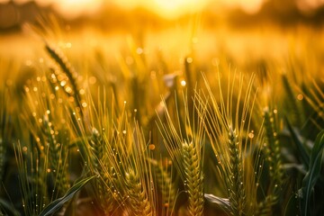 Close-up shot of wheat ears covered in dew drops, illuminated by the warm glow of the morning sun