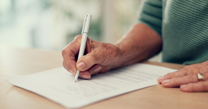 Hands, paper or person with contract to sign on application or documents for will, life insurance or divorce info. Writing, closeup or pen with signature for compliance, form or title deed agreement