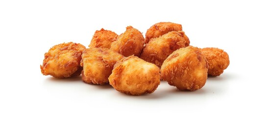A mound of succulent fried chicken nuggets is piled up on a plain white background. The crispy coating and juicy meat of the nuggets make them irresistible and tempting to eat.