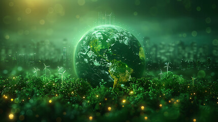 Symbolic collaboration between government and environmental organizations, depicted through a green globe surrounded by renewable energy symbols on Earth Day. 