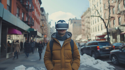 Young man using VR virtual reality glasses while walking in city street, lifestyle and technology concept