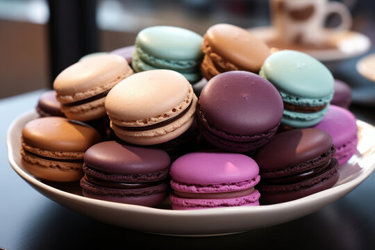 A plate of macarons in various colors.  Luxury dessert and patisserie concept. Image for a catering service offering custom dessert options.