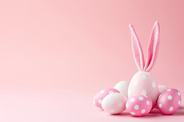 An adorable set of pink polka dot bunny ears rest atop a grouping of coordinated decorative Easter eggs