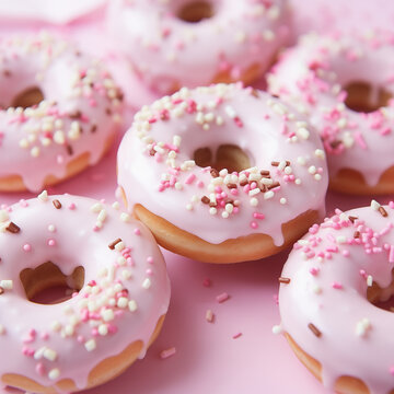 Close-up of pink frosted donuts with sprinkles on a plate. Menu image for a cafe. Invitation design for a birthday party. 