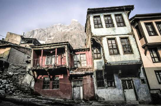 Typical street with the castle (Karahisar) in the background .Afyon.Western Anatolia.Turkia.