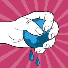 Illustrated hand squeezing a globe in pop art style
