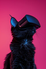 black cat in a virtual reality helmet on a bright crimson or pink background isolated
