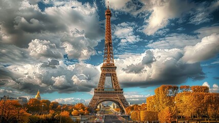 Picture of the Eiffel Tower on a cloudy day, Paris, France.