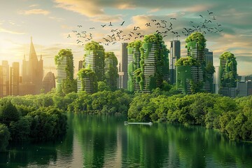 An imaginative depiction of environmental technology with clean energy solutions, waste reduction, and ecosystem restoration, aligned with sustainable development goals - obrazy, fototapety, plakaty