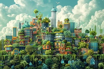 An imaginative depiction of environmental technology with clean energy solutions, waste reduction, and ecosystem restoration, aligned with sustainable development goals - obrazy, fototapety, plakaty