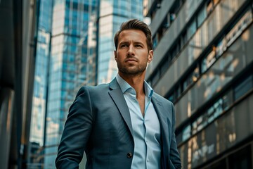 Fototapeta premium Confident young businessman in a suit standing tall in an urban environment