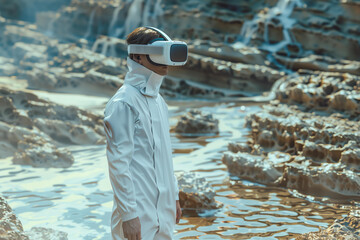 
a man in white clothes wearing a virtual reality helmet stands in the middle of the sea in a rocky area. 