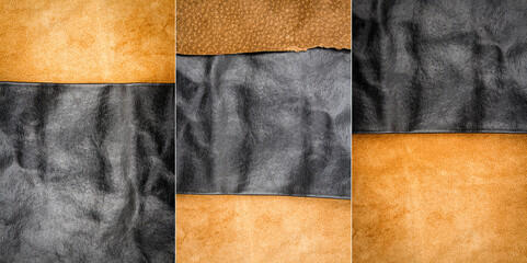 Collection of images with genuine brown and black leather textures background
