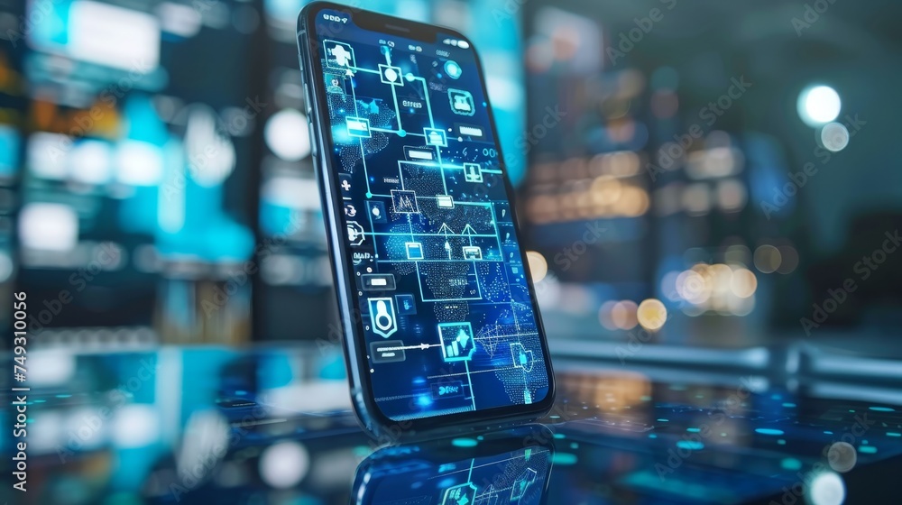 Poster a modern smartphone displays a futuristic user interface with advanced connectivity and technology c