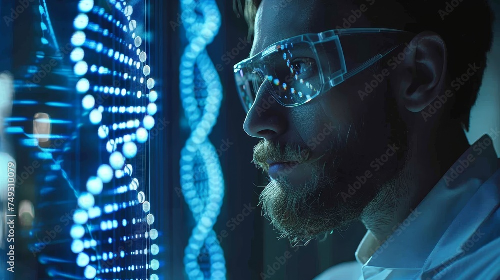 Poster focused scientist with protective glasses analyzing glowing dna helix sequences on a digital screen 