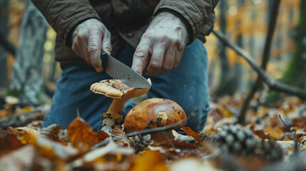 Young unrecognizable man cutting fresh porcini mushroom