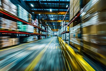 Long exposure shot capturing the essence of speed and logistics inside a bustling warehouse full of goods on shelves