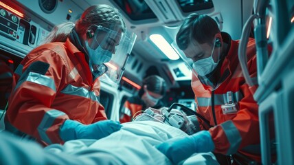 Female and Male EMS Paramedics Provide Medical Help to an Injured Patient on the Way to a Healthcare Hospital. Emergency Care Assistants Putting On Non-Invasive Ventilation Mask in an Ambulance.