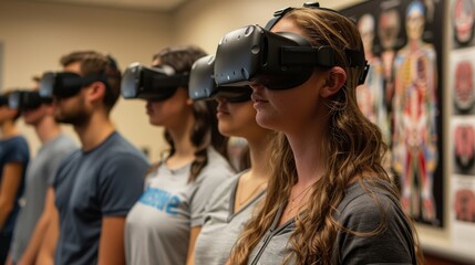 Group of students using virtual reality headsets for immersive learning in an anatomy class.