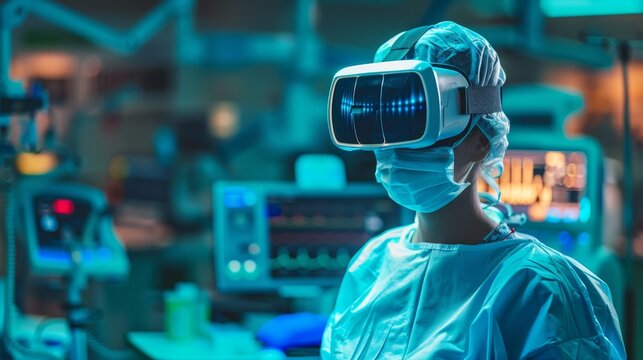 A surgeon is immersed in virtual reality within a high-tech operating room, showcasing modern medical practices.