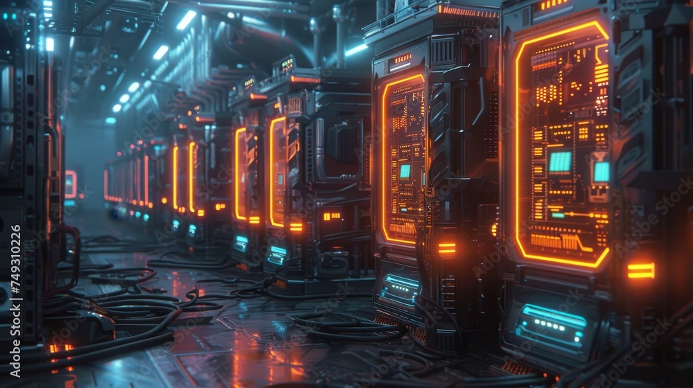Poster a corridor within a futuristic server room illuminated by neon orange circuitry, highlighting advanc