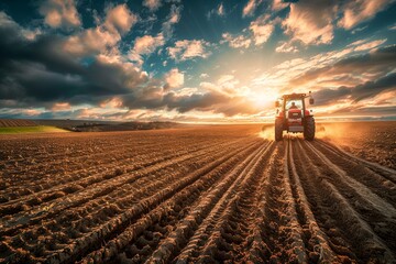 A tractor plows the field, creating deep furrows in the soil against a dramatic sunset backdrop, symbolizing agriculture and hard work - obrazy, fototapety, plakaty
