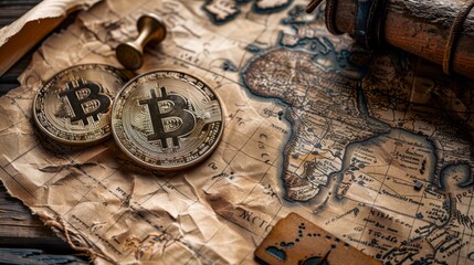 Fototapeta na wymiar Two Bitcoins rest atop a weathered antique map with a classic magnifying glass, symbolizing the exploration of digital currency's impact on global finance.