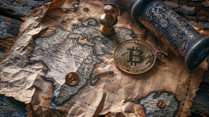 Fototapeta na wymiar A composition of Bitcoin with an old-fashioned brass telescope on a vintage map, illustrating the navigation of the financial world through cryptocurrency.