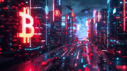 A vivid representation of a cyber cityscape with prominent Bitcoin symbols, highlighting the cryptocurrency's influence on future economies.