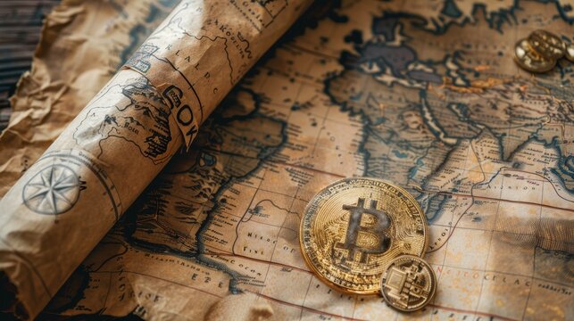 A conceptual image featuring a shiny Bitcoin on an antique world map, representing the global reach of digital currency.