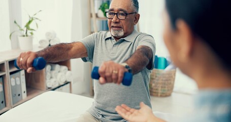 Senior care, exercise and physiotherapist with old man, dumbbell and healthcare at nursing home. Physio, rehabilitation and retirement, fitness coach caregiver and elderly patient mobility training - obrazy, fototapety, plakaty