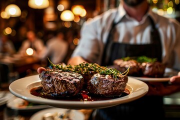 A close-up of a uniformed waiter presenting a sizzling hot steak dish garnished with herbs in a bustling restaurant setting - obrazy, fototapety, plakaty
