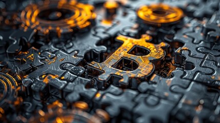 A unique puzzle piece with a Bitcoin symbol highlighted in orange stands out in a sea of interconnected black pieces.