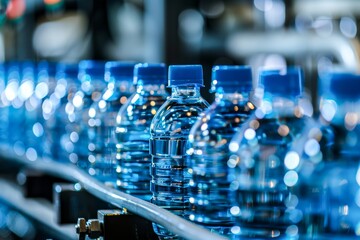 An image showing clear plastic water bottles on a production line in a manufacturing facility, symbolizing mass production and industrialization