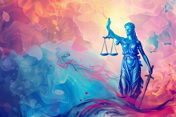abstract background for Remembrance Day for Truth and Justice Colorful ilustration of a statue of Lady Justice holding a scale of justice.  - obrazy, fototapety, plakaty