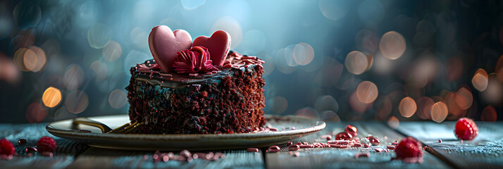 Cake With Chocolate Heart On A Light Background Valentine S Day Concept,     

 - obrazy, fototapety, plakaty