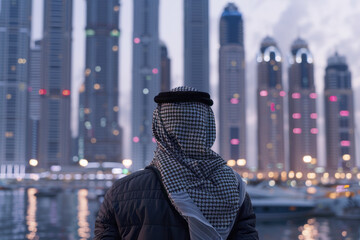 Back view of an Arab entrepreneur or businessman standing against the background of tall skyscrapers or tall buildings at evening time
