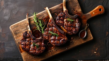Fresh grilled beef. Medium rare grilled beef steak on a wooden cutting board. - obrazy, fototapety, plakaty