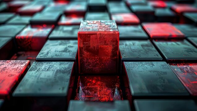 Redshift Glass Cube: Abstract 3D rendering of a red glass cube with complex digital nodes.