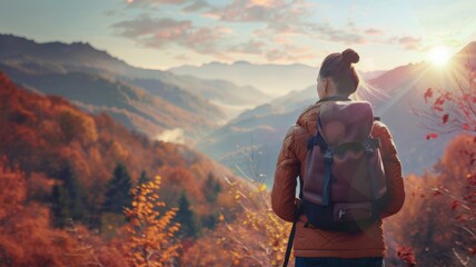 A beautiful woman with a backpack stands with her back turned and looking into the distance at the mountains. Inspiring travel lifestyle Autumn landscape. - obrazy, fototapety, plakaty