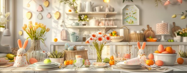 Fototapeta na wymiar A beautifully decorated kitchen setup with Easter holiday inspired ornaments and bright atmosphere